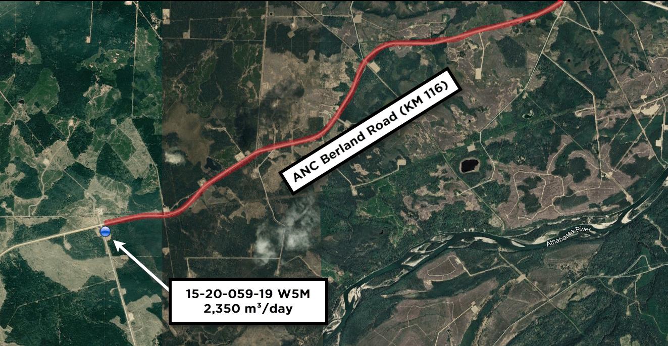 Satellite map of the ANC Berland Road water source. The well at 15-20-059-19 W5M sits at the west end of ANC Berland Road, kilometre 116.