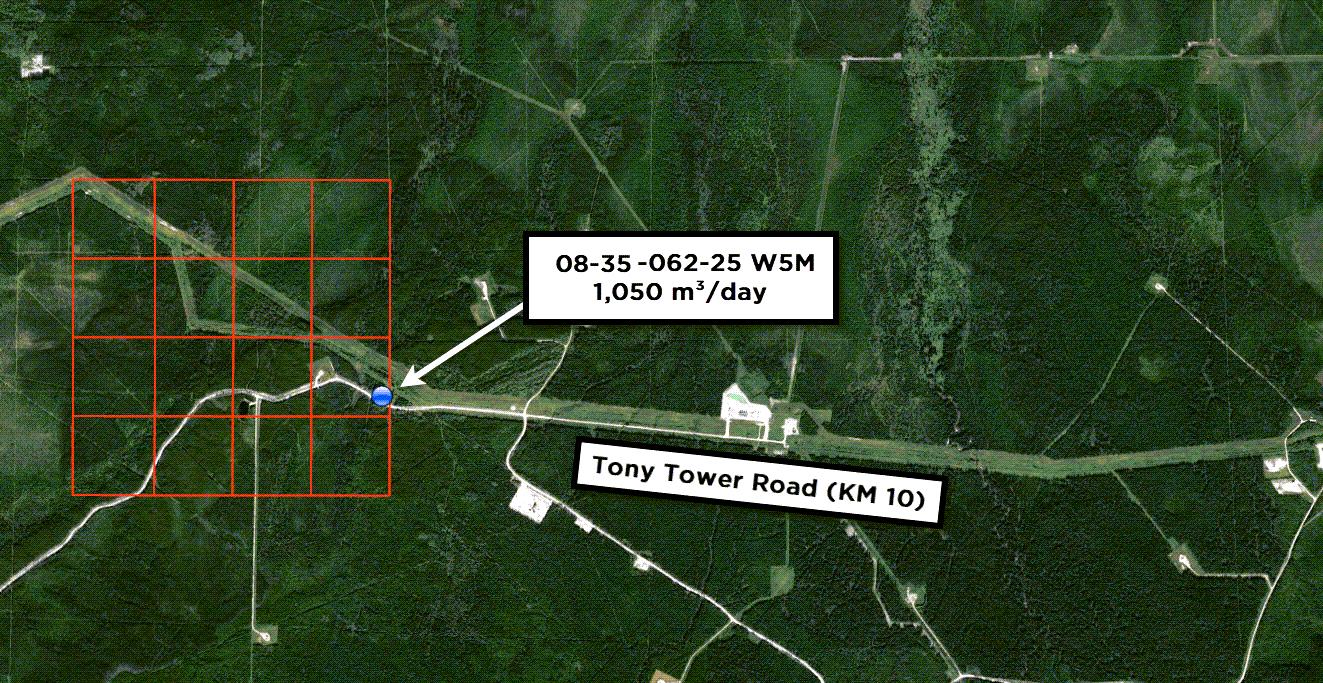 Satellite map of the Tony Tower Road water source. The well at 08-35-062-25 W5M sits beside Tony Tower Road at kilometre 10.